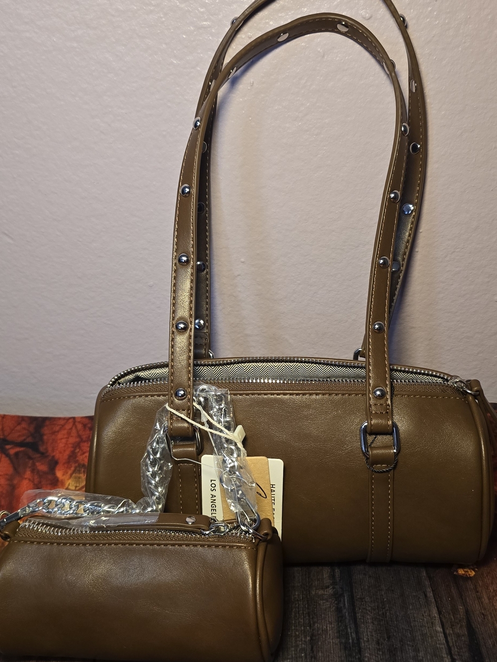 Stud-Accent Brown Shoulder Bag with Mini Pouch